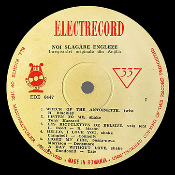Unknown artist – Noi Șlagǎre Engleze or Hit Parade 2 (Electrecord EDE 0447) – label (var. yellow-1), side 1