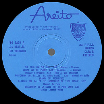 De Bach a Los Beatles, Leo Brouwer, guitarrista (Areito LD-3876) – label (var. blue-4), side 2