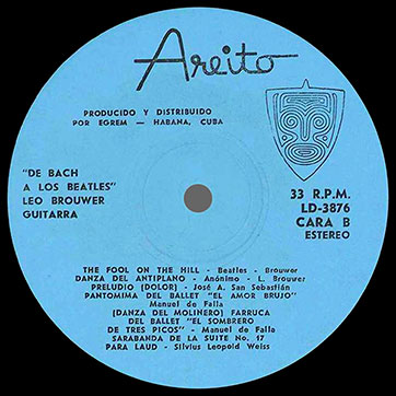 De Bach a Los Beatles, Leo Brouwer, guitarrista (Areito LD-3876) – label (var. blue-1), side 2