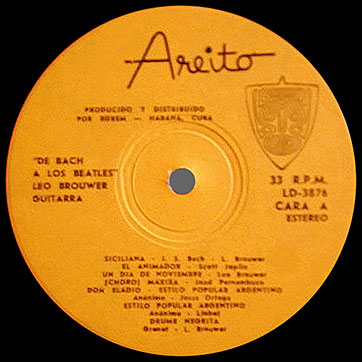De Bach a Los Beatles, Leo Brouwer, guitarrista (Areito LD-3876) – label (var. orange-1), side 1