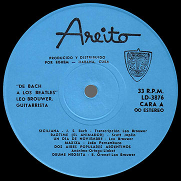 De Bach a Los Beatles, Leo Brouwer, guitarrista (Areito LD-3876) – label (var. blue-2), side 1