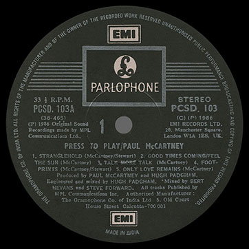 Paul McCartney – Press To Play (EMI / Parlophone PCSD 103 - India) – label (var. black-1), side 1