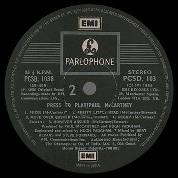 Paul McCartney – Press To Play (EMI / Parlophone PCSD 103 - India) – label (var. black-1), side 2