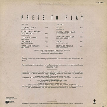 Paul McCartney – Press To Play (EMI / Parlophone PCSD 103 - India) - sleeve (var. 1), back side
