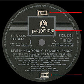 John Lennon – Live in New York City (EMI / Parlophone PCS 7301 - India) - the label of side 1 with uneven relative disposition of logos and text