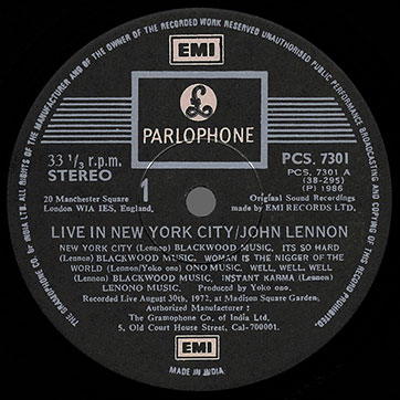 John Lennon – Live in New York City (EMI / Parlophone PCS 7301 - India) – label (var. black-1), side 1
