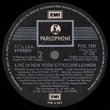 John Lennon – Live in New York City (EMI / Parlophone PCS 7301 - India) – label (var. black-1), side 2