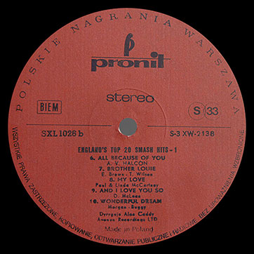 Alan Caddy Orchestra & Singers – England's top 20 smash hits - 1 (Pronit SXL 1026 or SX 1026) – label (var. red-1a), side 2