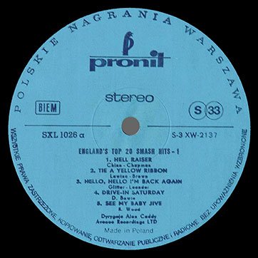 Alan Caddy Orchestra & Singers – England's top 20 smash hits - 1 (Pronit SXL 1026 or SX 1026) – label (var. blue-1a), side 1
