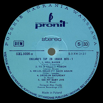 Alan Caddy Orchestra & Singers – England's top 20 smash hits - 1 (Pronit SXL 1026 or SX 1026) – label (var. blue-1b), side 1