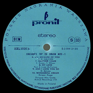 Alan Caddy Orchestra & Singers – England's top 20 smash hits - 1 (Pronit SXL 1026 or SX 1026) – label (var. blue-1b), side 2