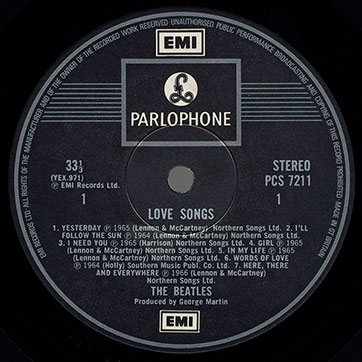 The Beatles - LOVE SONGS 2LP (Parlophone PCSP 721) – label of record 1, side 1