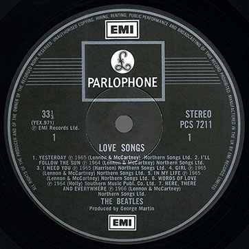 The Beatles - LOVE SONGS 2LP (Parlophone PCSP 721) – label of record 1, side 1
