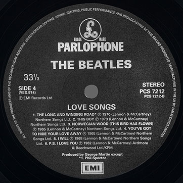The Beatles - LOVE SONGS 2LP (Parlophone PCSP 721) – label of record 2, side 2