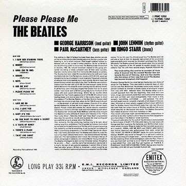 The Beatles - Please Please Me (Parlophone PMC 1202) – cover, back side