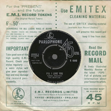 The Beatles – Love Me Do / P.S. I Love You (Parlophone 45-R 4949) – single (var. 3) in sleeve (type 1D), back side
