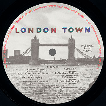 Paul McCartney and Wings - LONDON TOWN (Parlophone PAS 10012) – label, side 1