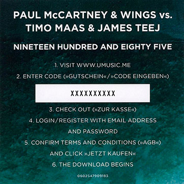 Paul McCartney and Wings vs. Timo Maas and James Teej (Virgin 0602547909183) - one-sided card with code for free MP3 download of the tracks