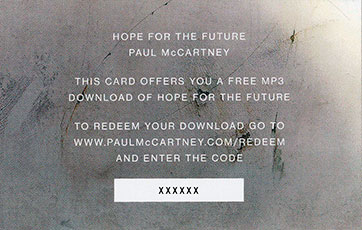 Paul McCartney – Hope For The Future (Hear Music HRM-36718-01) – card with code for free MP3 download of the tracks, back side