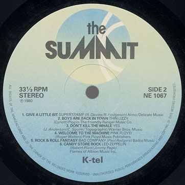 THE SUMMIT LP by Various Artists (K-tel International NE 1067) – label, side 2