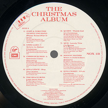 NOW — THE CHRISTMAS ALBUM LP by Various Artists (EMI/Virgin NOX 1) – label, side 2