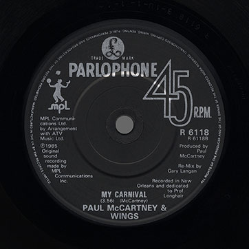Paul McCartney - Spies Like Us / Paul McCartney and Wings - My Carnival (Parlophone R 6118) − black paper label, side B