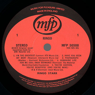 Ringo Starr - RINGO (Music For Pleasure MFP 50508) – label, side 1