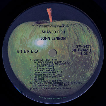 John Lennon / Plastic Ono Band - Shaved Fish (Apple SW-3421), Jacksonville − label, side 1