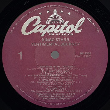 Ringo Starr - SENTIMENTAL JOURNEY (Apple SW-3365) - cover (var. Purple Capitol), side 1