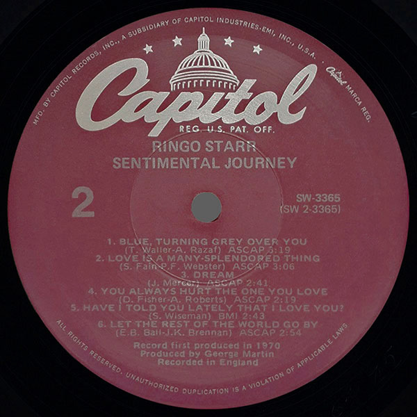 Ringo Starr - SENTIMENTAL JOURNEY (Apple SW-3365) - cover (var. Purple Capitol), side 2