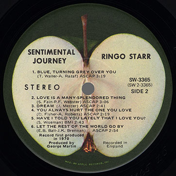 Ringo Starr - SENTIMENTAL JOURNEY (Apple SW-3365) - label (var. Winchester #1), side 2