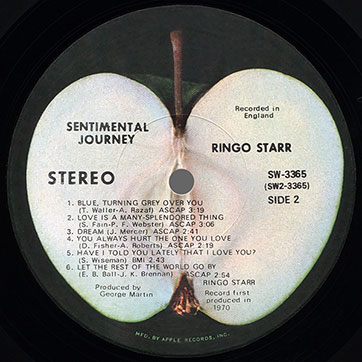 Ringo Starr - SENTIMENTAL JOURNEY (Apple SW-3365) - label (var. Winchester #2), side 2