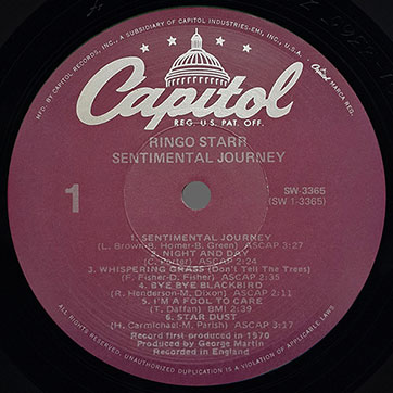 Ringo Starr - SENTIMENTAL JOURNEY (Apple SW-3365) - label, side 1