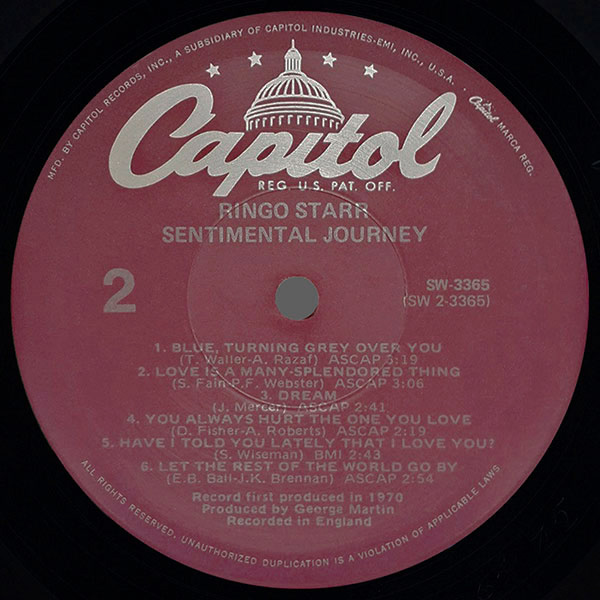 Ringo Starr - SENTIMENTAL JOURNEY (Apple SW-3365) - label, side 2